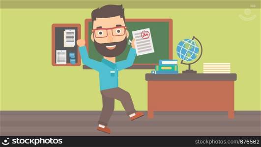 A hipster man with the beard holding a sheet with the highest mark on the background of classroom vector flat design illustration. Horizontal layout.. Pupil received best mark.