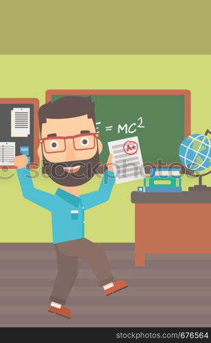A hipster man with the beard holding a sheet with the highest mark on the background of classroom vector flat design illustration. Vertical layout.. Pupil received best mark.