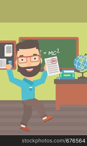 A hipster man with the beard holding a sheet with the highest mark on the background of classroom vector flat design illustration. Vertical layout.. Pupil received best mark.