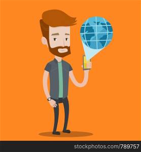A hipster man with the beard holding a smartphone with a model of planet earth coming out of the device. International technology communication concept. Vector flat design illustration. Square layout.. International technology communication.