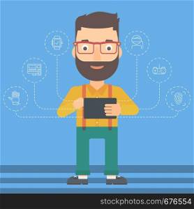 A hipster man with the beard holding a tablet computer and some icons connected to the device on a light blue background vector flat design illustration. Square layout.. Man holding tablet computer.