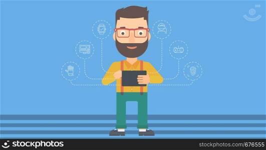 A hipster man with the beard holding a tablet computer and some icons connected to the device on a light blue background vector flat design illustration. Horizontal layout.. Man holding tablet computer.