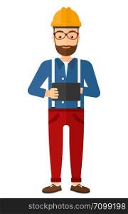 A hipster man with the beard holding a tablet in hands vector flat design illustration isolated on white background. Vertical layout.. Man holding tablet.