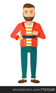 A hipster man with the beard holding a tablet in hands vector flat design illustration isolated on white background. Vertical layout.. Man using tablet.
