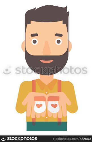 A hipster man with the beard holding baby booties in hands vector flat design illustration isolated on white background. . Man holding baby booties.