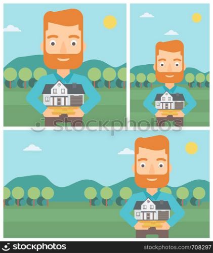A hipster man with the beard holding house model in hands on the background of mountains. Real estate agent with house model. Vector flat design Illustration. Square, horizontal, vertical layouts.. Man holding house model.