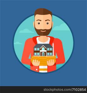 A hipster man with the beard holding house model in hands on the background of sky. Real estate agent with house model. Vector flat design illustration in the circle isolated on background.. Man holding house model.