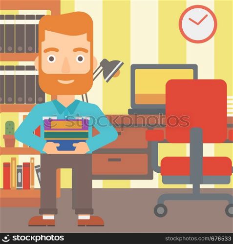 A hipster man with the beard holding pile of books on the background of room vector flat design illustration. Square layout.. Man holding pile of books.