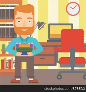 A hipster man with the beard holding pile of books on the background of room vector flat design illustration. Square layout.. Man holding pile of books.