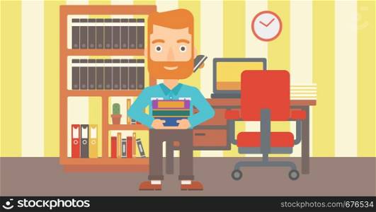 A hipster man with the beard holding pile of books on the background of room vector flat design illustration. Horizontal layout.. Man holding pile of books.