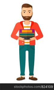 A hipster man with the beard holding pile of books vector flat design illustration isolated on white background. Vertical layout.. Man holding pile of books.