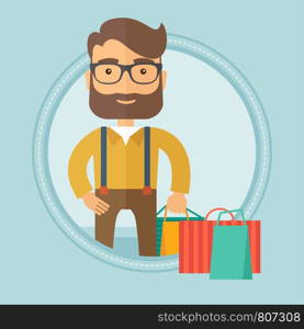 A hipster man with the beard holding shopping bags. Happy young man carrying shopping bags. Man with a lot of shopping bags. Vector flat design illustration in the circle isolated on background.. Man with shopping bags vector illustration.