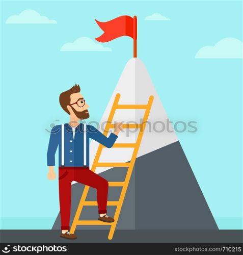 A hipster man with the beard holding the ladder to get the red flag on the top of mountain on the background of blue sky vector flat design illustration. Square layout.. Man climbing on mountain.