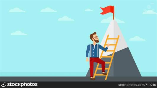 A hipster man with the beard holding the ladder to get the red flag on the top of mountain on the background of blue sky vector flat design illustration. Horizontal layout.. Man climbing on mountain.