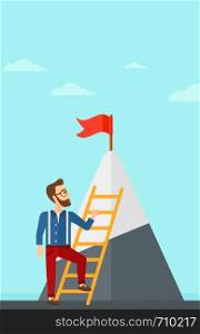A hipster man with the beard holding the ladder to get the red flag on the top of mountain on the background of blue sky vector flat design illustration. Vertical layout.. Man climbing on mountain.