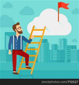 A hipster man with the beard holding the ladder to get the red flag on the top of the cloud on the background of modern city vector flat design illustration. Square layout.. Man climbing the ladder.