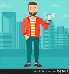 A hipster man with the beard holding vibrating smartphone on a city background vector flat design illustration. Square layout.. Man holding ringing telephone.