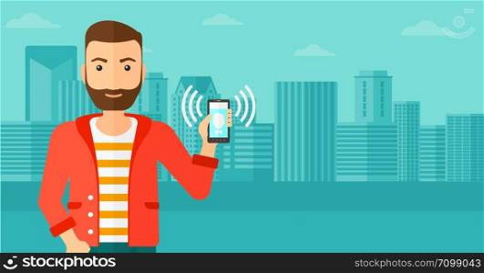A hipster man with the beard holding vibrating smartphone on a city background vector flat design illustration. Horizontal layout.. Man holding ringing telephone.