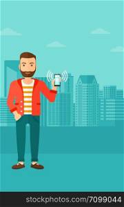 A hipster man with the beard holding vibrating smartphone on a city background vector flat design illustration. Vertical layout.. Man holding ringing telephone.