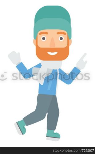 A hipster man with the beard ice skating vector flat design illustration isolated on white background.. Man ice skating.