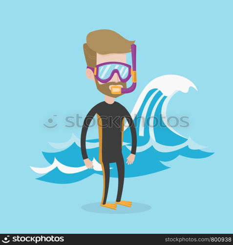 A hipster man with the beard in diving suit, flippers, mask and tube standing on the background of a big wave. Young caucasian man enjoying snorkeling. Vector flat design illustration. Square layout.. Young scuba diver vector illustration.