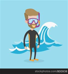 A hipster man with the beard in diving suit, flippers, mask and tube standing on the background of a big wave. Young caucasian man enjoying snorkeling. Vector flat design illustration. Square layout.. Young scuba diver vector illustration.
