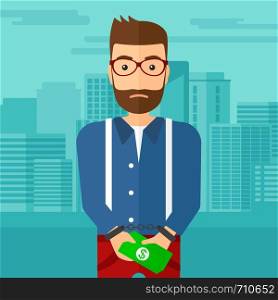 A hipster man with the beard in handcuffs with money in hands on the background of modern city vector flat design illustration. Square layout.. Man handcuffed for crime.