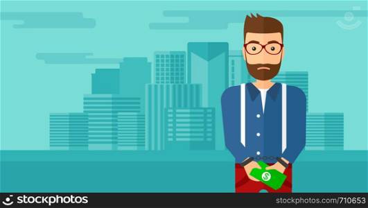 A hipster man with the beard in handcuffs with money in hands on the background of modern city vector flat design illustration. Horizontal layout.. Man handcuffed for crime.