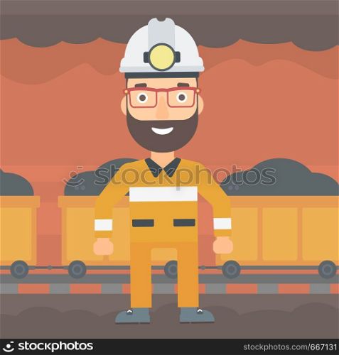 A hipster man with the beard in hardhat with torch on the background of mining tunnel with cart full of coal vector flat design illustration. Square layout. . Confident miner in hardhat.