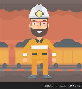 A hipster man with the beard in hardhat with torch on the background of mining tunnel with cart full of coal vector flat design illustration. Square layout. . Confident miner in hardhat.