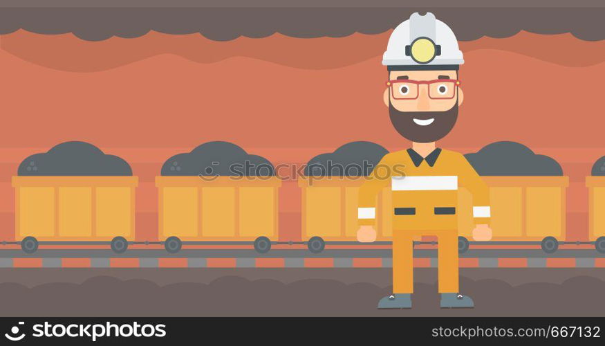 A hipster man with the beard in hardhat with torch on the background of mining tunnel with cart full of coal vector flat design illustration. Horizontal layout. . Confident miner in hardhat.