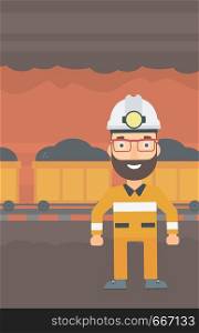 A hipster man with the beard in hardhat with torch on the background of mining tunnel with cart full of coal vector flat design illustration. Vertical layout. . Confident miner in hardhat.