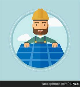 A hipster man with the beard installing solar panels on roof. Technician in inuform and hard hat checking solar panels on roof. Vector flat design illustration in the circle isolated on background.. Constructor installing solar panel.