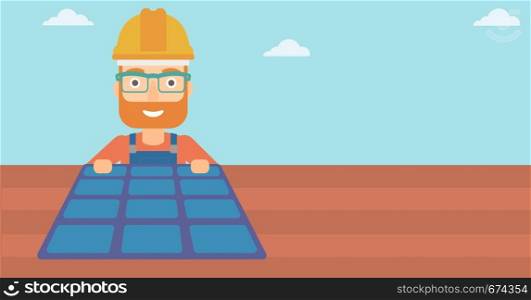 A hipster man with the beard installing solar panels on roof vector flat design illustration. Horizontal layout.. Constructor with solar panel.