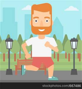 A hipster man with the beard jogging in the park vector flat design illustration. Square layout.. Sportive man jogging.