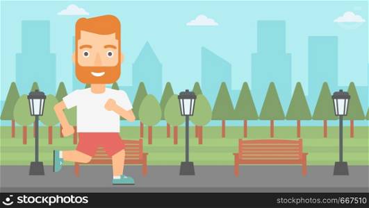 A hipster man with the beard jogging in the park vector flat design illustration. Horizontal layout.. Sportive man jogging.