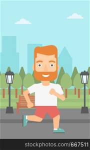 A hipster man with the beard jogging in the park vector flat design illustration. Vertical layout.. Sportive man jogging.