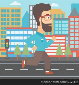 A hipster man with the beard jogging on a city background vector flat design illustration. Square layout.. Sportive man jogging.