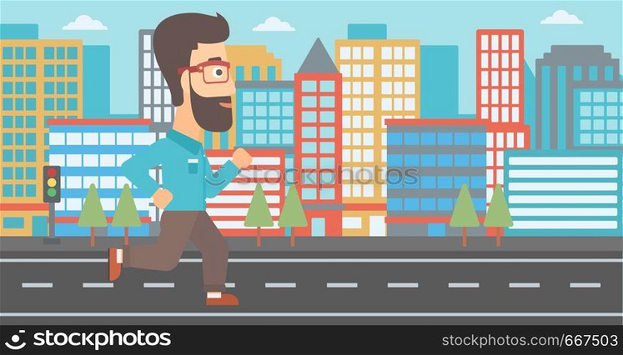 A hipster man with the beard jogging on a city background vector flat design illustration. Horizontal layout.. Sportive man jogging.
