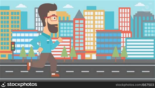 A hipster man with the beard jogging on a city background vector flat design illustration. Horizontal layout.. Sportive man jogging.