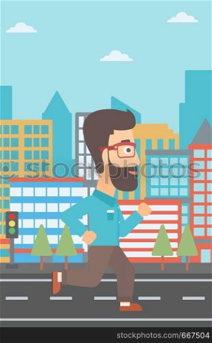 A hipster man with the beard jogging on a city background vector flat design illustration. Vertical layout.. Sportive man jogging.