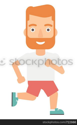 A hipster man with the beard jogging vector flat design illustration isolated on white background.. Sportive man jogging.