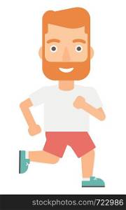 A hipster man with the beard jogging vector flat design illustration isolated on white background.. Sportive man jogging.