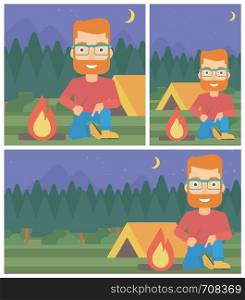 A hipster man with the beard kindling a campfire on the background of camping site with tent. Tourist relaxing near campfire. Vector flat design illustration. Square, horizontal, vertical layouts.. Man kindling campfire vector illustration.