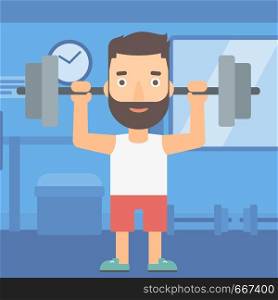 A hipster man with the beard lifting a barbell in the gym vector flat design illustration. Square layout.. Man lifting barbell.