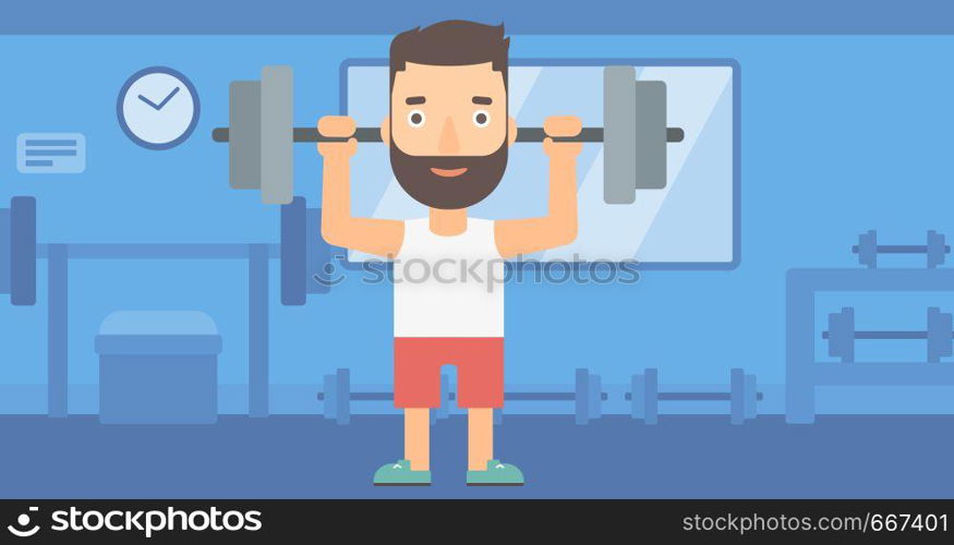 A hipster man with the beard lifting a barbell in the gym vector flat design illustration. Horizotal layout.. Man lifting barbell.