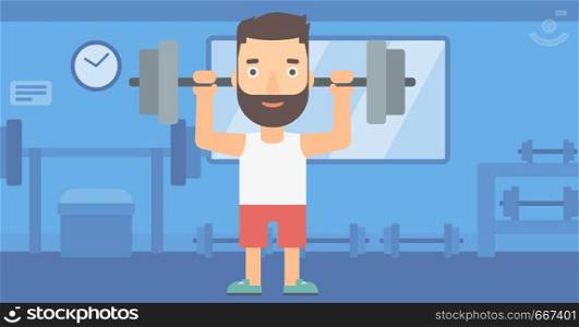A hipster man with the beard lifting a barbell in the gym vector flat design illustration. Horizotal layout.. Man lifting barbell.