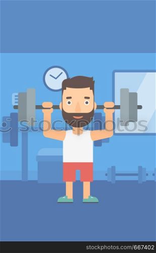 A hipster man with the beard lifting a barbell in the gym vector flat design illustration. Vertical layout.. Man lifting barbell.
