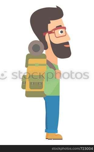 A hipster man with the beard looking at departure board at airport vector flat design illustration isolated on white background.. Man looking at departure board.