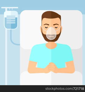 A hipster man with the beard lying in hospital bed with oxygen mask while blood transfusion is running vector flat design illustration. Square layout.. Patient lying in hospital bed.